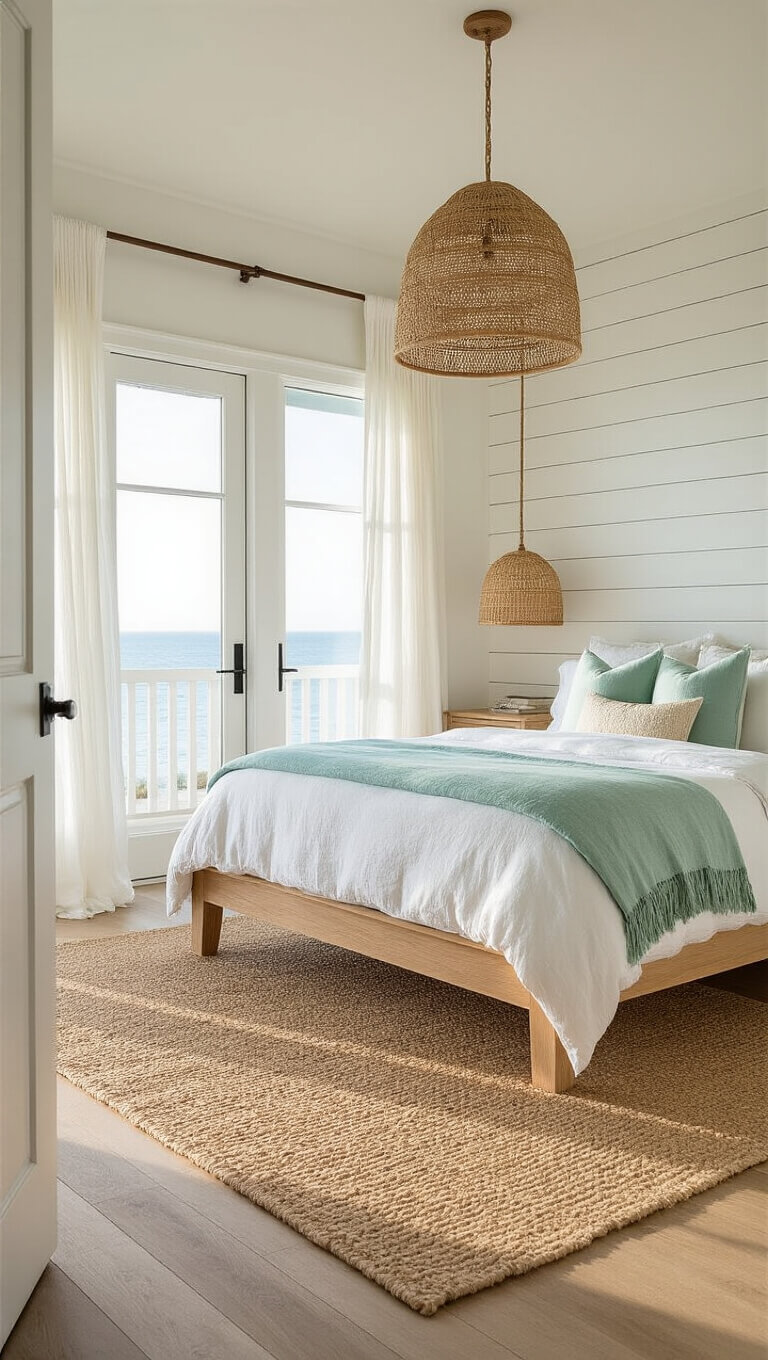Sunlit coastal bedroom with king-size light oak bed, white linen bedding, seafoam accents, rattan pendant, and billowing gauzy curtains at golden hour.