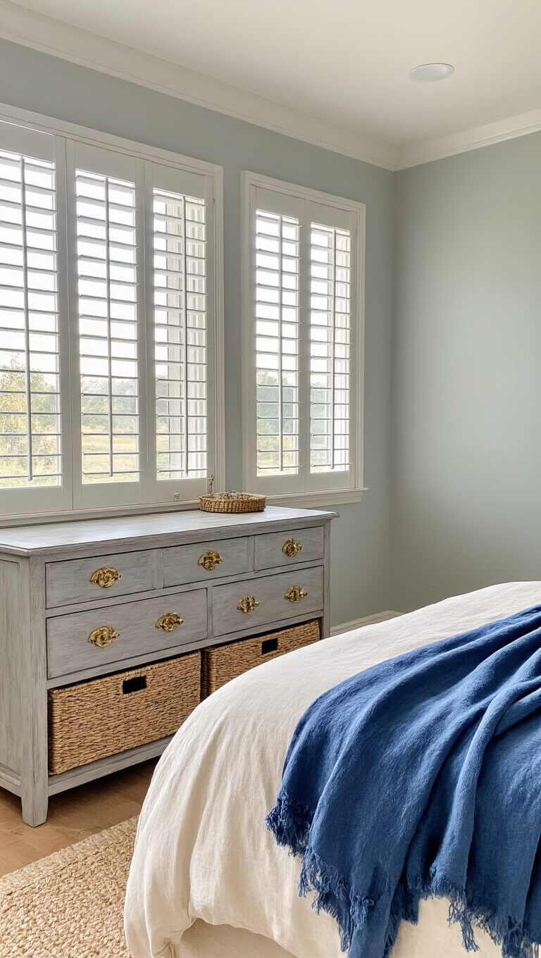Guest bedroom at dawn with light through shutters, gray dresser, indigo throw on oatmeal linen bed, and seagrass baskets.