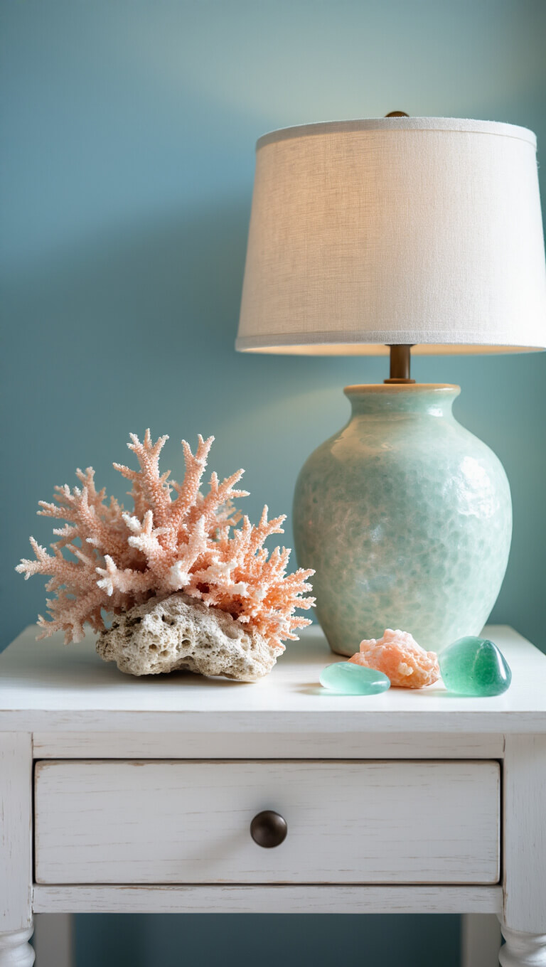 Textural bedside vignette with coral, sea glass, and ceramic lamp on whitewashed nightstand against soft blue wall.