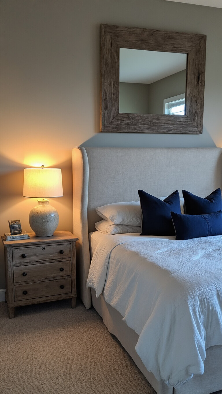 Cozy primary bedroom at dusk with moody lamp lighting, upholstered linen headboard, navy accent pillows, and driftwood mirror above dresser.