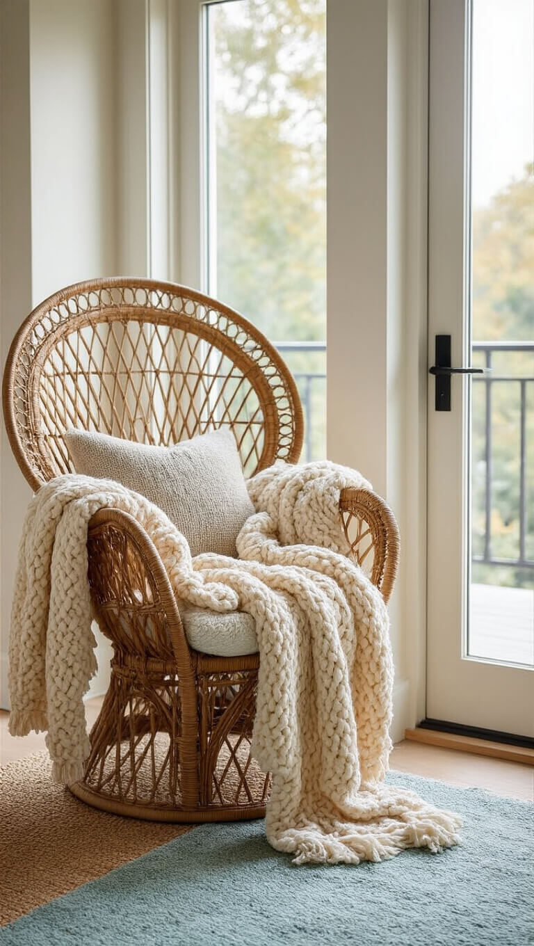 Cozy reading nook with rattan peacock chair, chunky knit throw, and layered rugs in morning light.