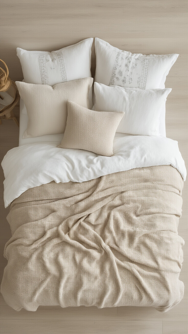 Bird's eye view of neatly styled king bed with white patterned duvet, sand-toned waffle blanket, and six textured pillows on light oak floor.