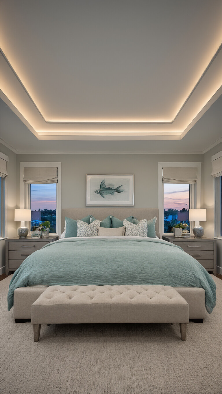 Low-angle view of elegant 18x20ft master suite at twilight with tray ceiling, glowing rope lights, greige upholstered platform bed, built-in nightstands, and seafoam and silver accents.