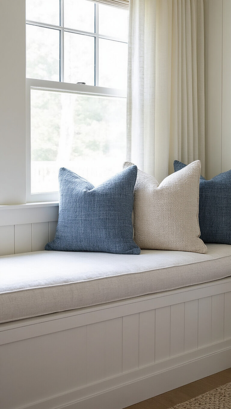 Window seat with white linen cushion, textured blue and neutral pillows, sheer curtains, and painted board and batten walls in soft morning light.