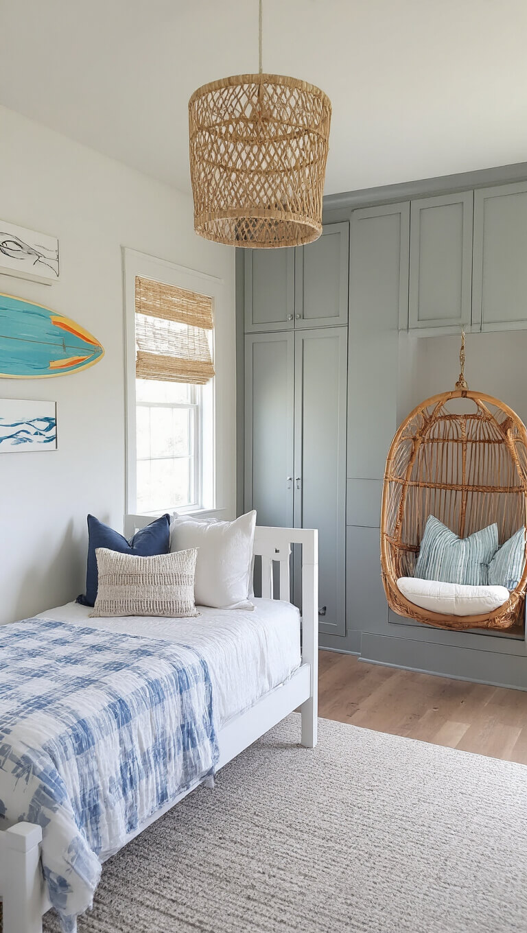 Coastal-themed teen bedroom with white Jenny Lind twin bed, soft gray built-in storage, rattan hanging chair, and surfboard wall art viewed from doorway.