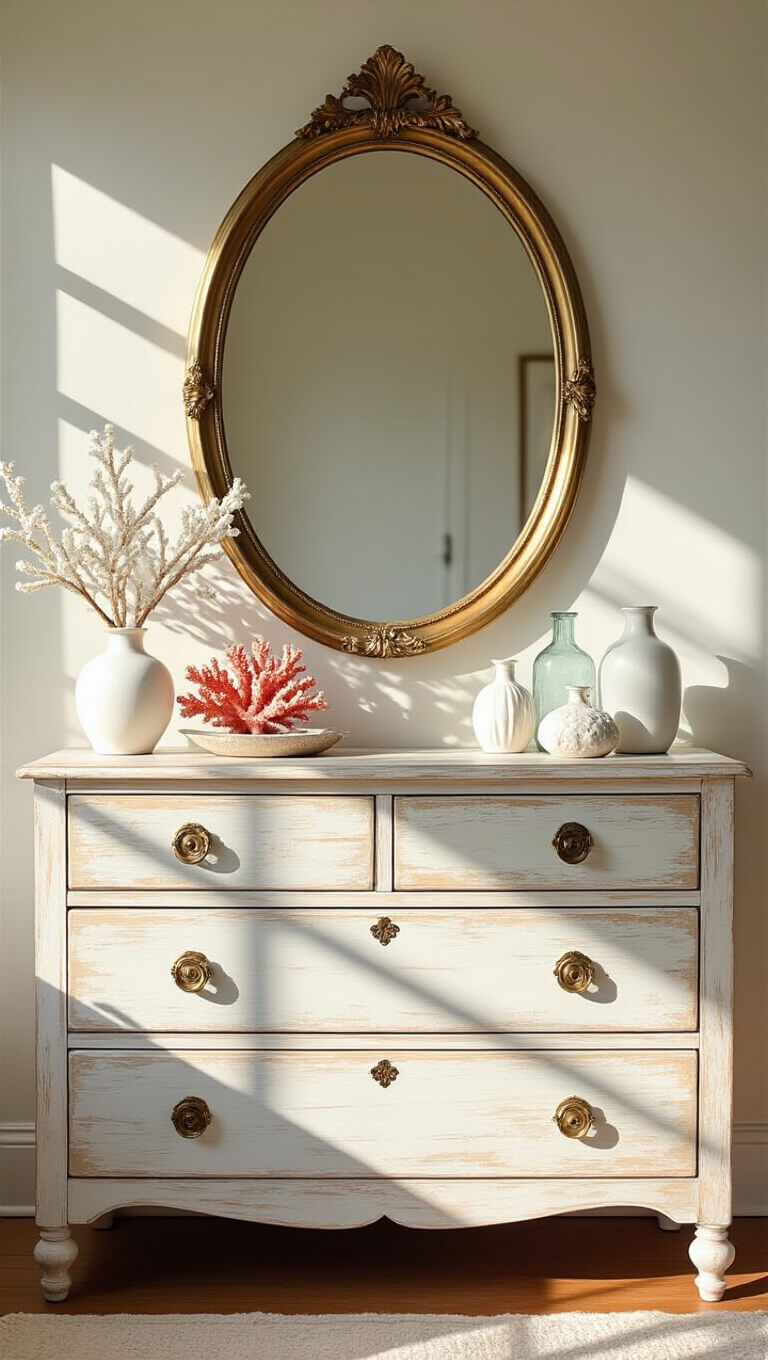 Vintage whitewashed pine dresser with brass-framed oval mirror, styled with coral, white ceramic vases, and antique glass bottles in dramatic morning light.