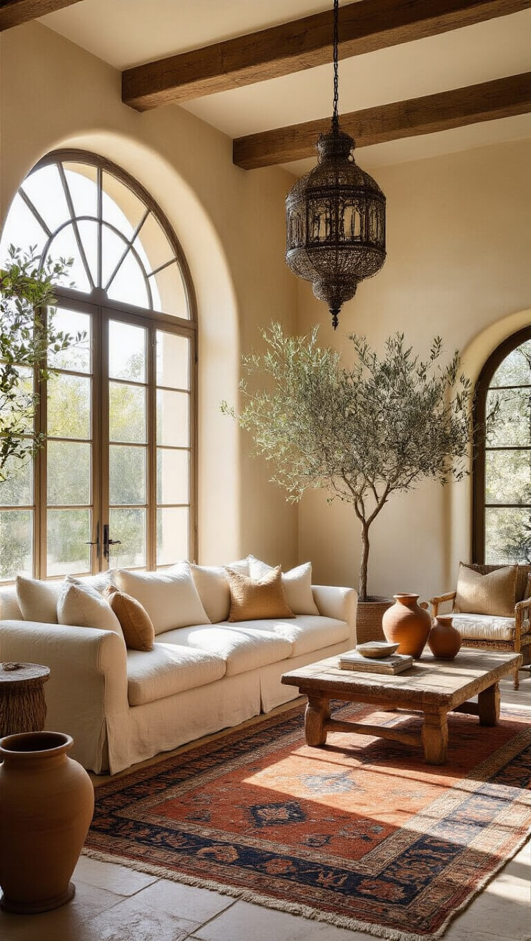 Sunlit Mediterranean living room with ivory linen sofa, vintage Moroccan rug, arched windows, and olive wood accents in golden hour light.