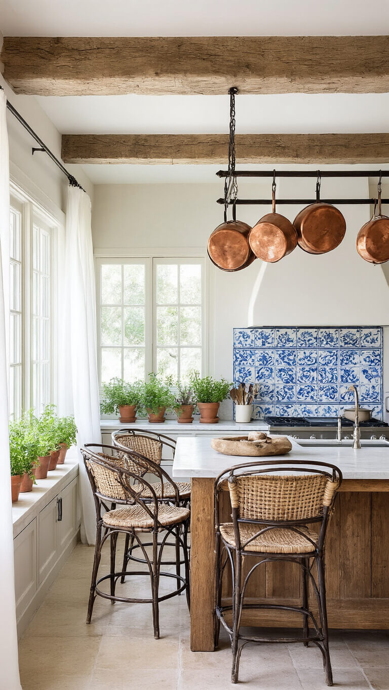 Low-angle view of a sunlit coastal villa kitchen with exposed wooden beams, a rustic marble-topped island, hand-painted blue and white tile backsplash, and copper pots hanging above.