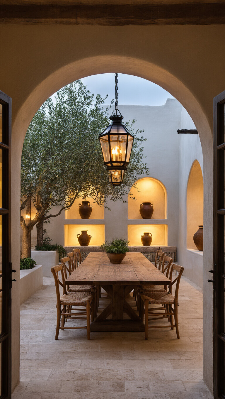 Mediterranean-style dining room with limestone floors, large reclaimed wood table, rush-seated chairs, and arched doorway opening to courtyard at dusk.