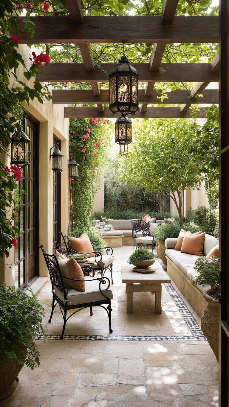 Mediterranean courtyard lounge with stone flooring, cushioned iron chairs, built-in benches, citrus trees in urns, and Moroccan lanterns under a pergola with filtered sunlight.