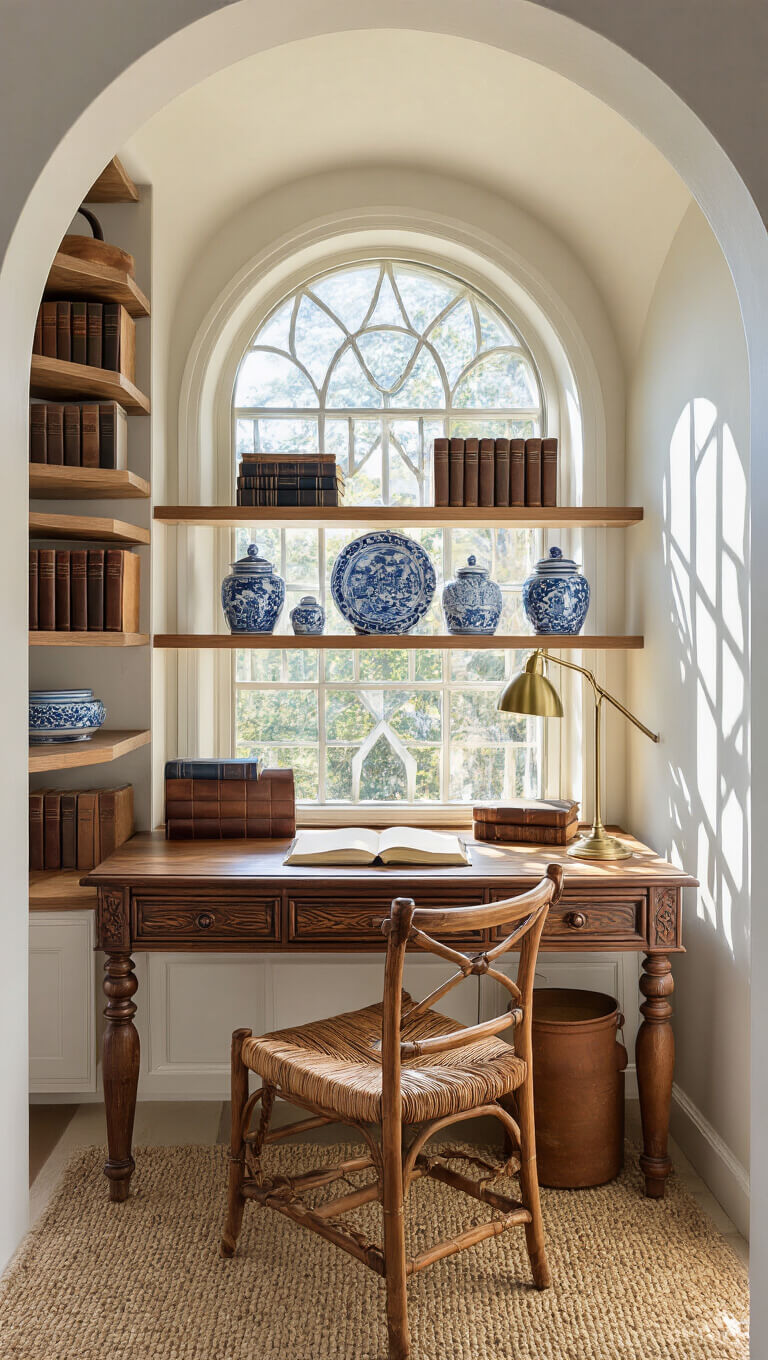 Cozy coastal study nook with arched window, vintage wooden desk, woven chair, leather-bound books, and ceramic accents in natural morning light.