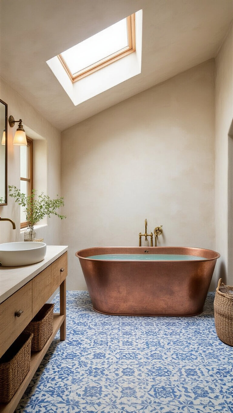 Mediterranean-style bathroom with copper tub, blue and white patterned tiles, floating wooden vanity, and skylight illuminating a spa-like 12x15ft space.