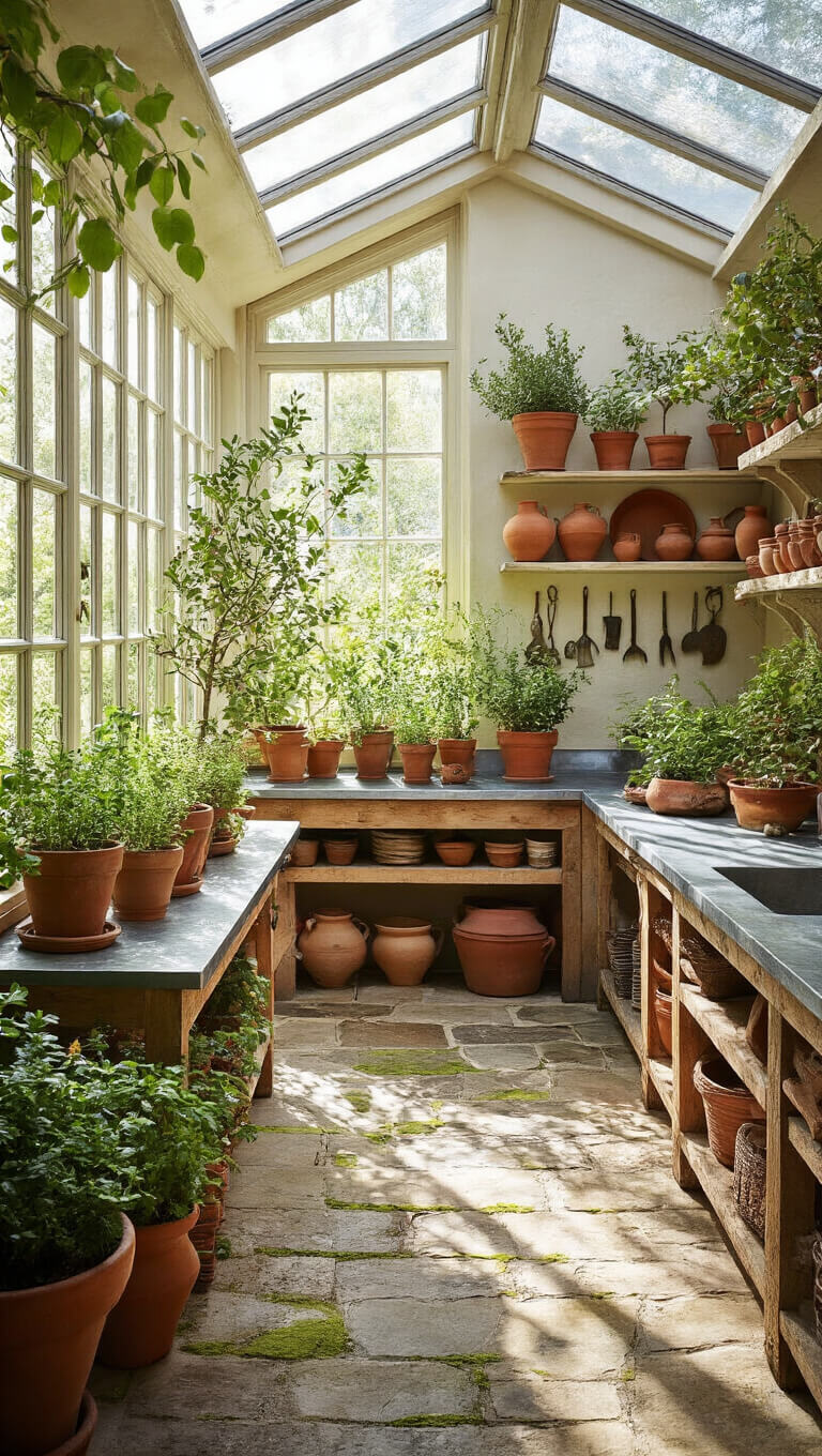 Mediterranean kitchen garden in glass conservatory with terracotta pots, herbs, citrus trees, rustic potting bench, vintage tools, stone floor, and soft morning light.