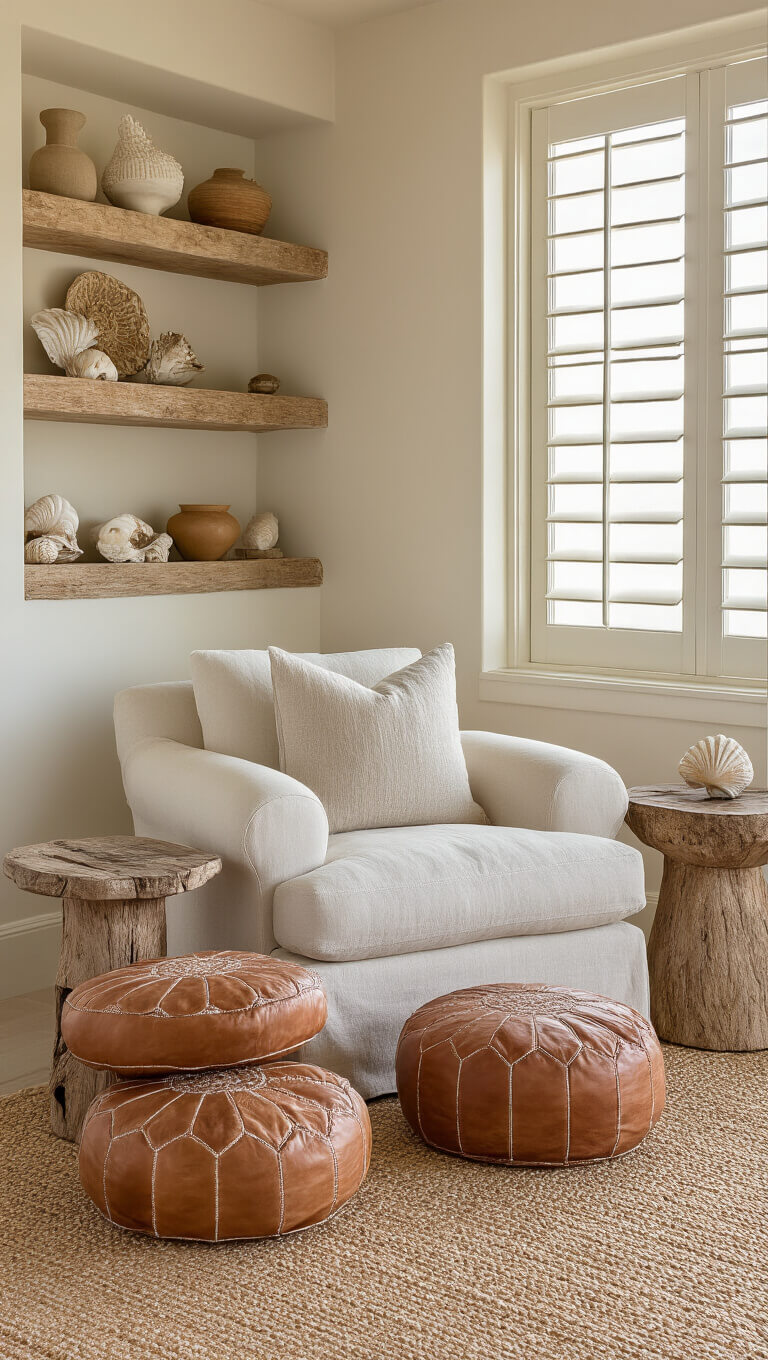 Cozy coastal reading nook with cream linen armchair, distressed wood side table, leather Moroccan poufs, sisal rug, and floating shelves displaying shells and ceramics in warm golden afternoon light.
