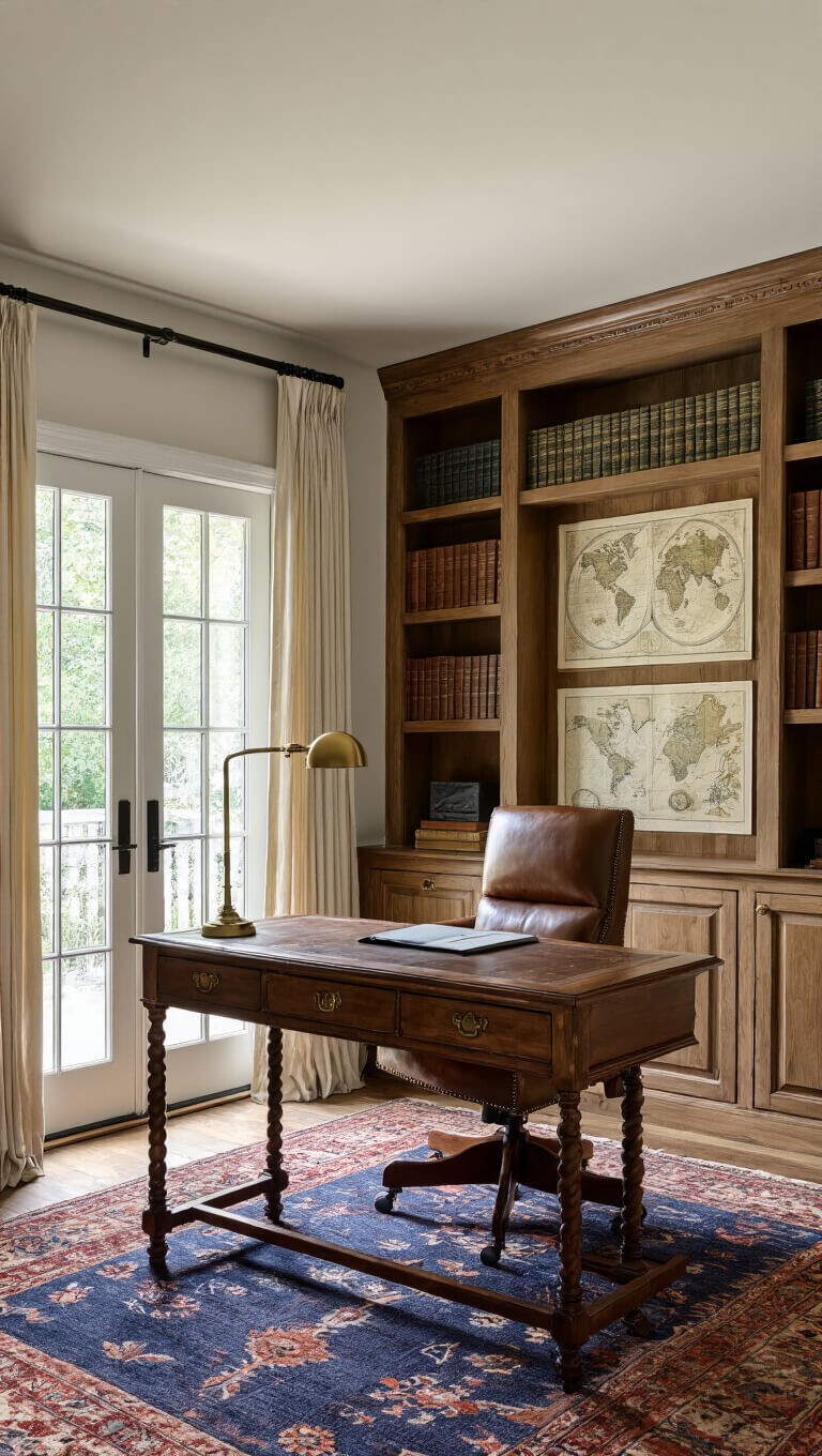 Mediterranean-style home office with large wooden desk, leather chair, built-in bookcases, vintage decor, and natural light through sheer drapes.