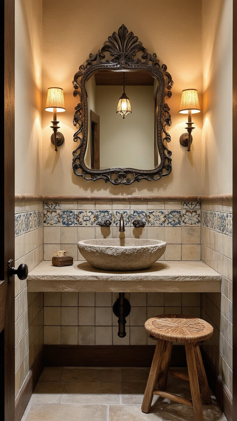 Rustic 8x10ft powder room with stone vessel sink, ornate mirror, hand-painted tiles, vintage brass fixtures, and warm ambient lighting.