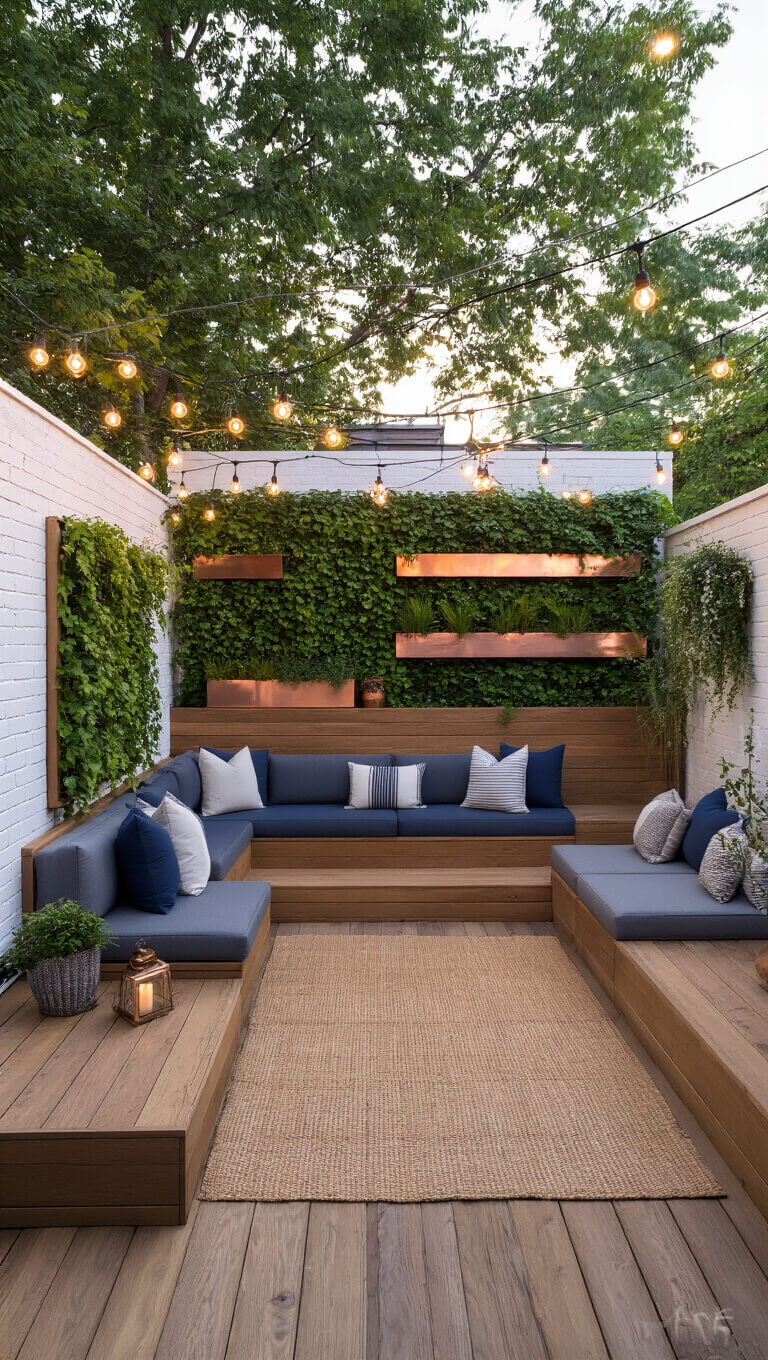 Cozy urban backyard with cedar deck, string lights, and vertical garden at golden hour.