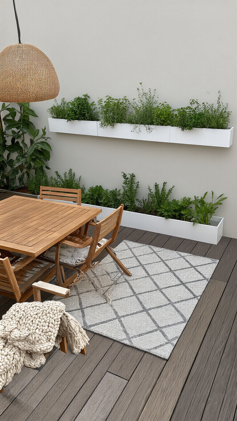 Compact urban patio with wooden deck tiles, wall-mounted herb garden, foldaway dining set, and cozy textured accents in mid-morning light.