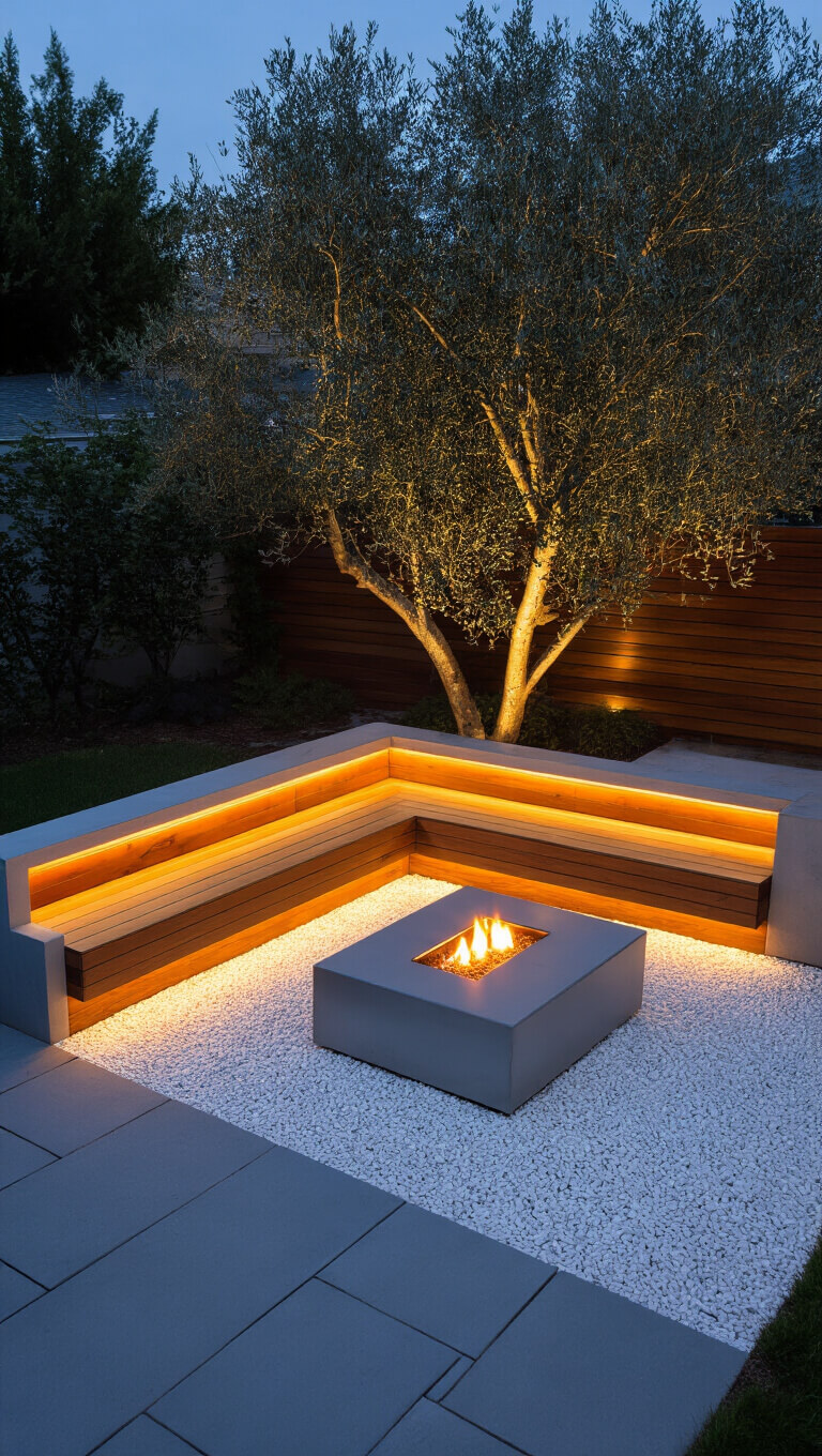 Contemporary 15x15ft backyard retreat at blue hour with L-shaped teak-wrapped concrete seating, uplit olive tree, brushed steel fire pit, and white pebble ground with angular pavers.