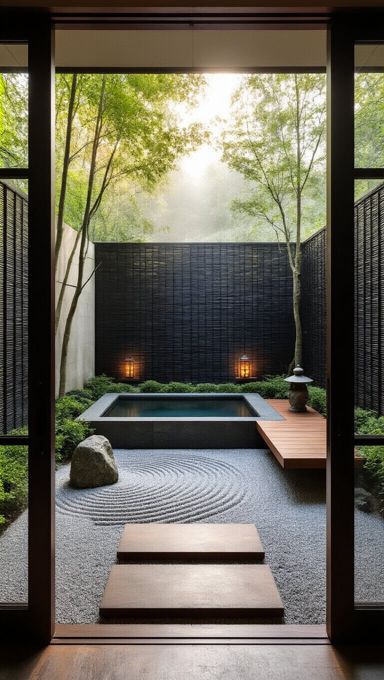 Zen garden with raked gravel, stone lanterns, and timber platform viewed through glass doors in morning mist.