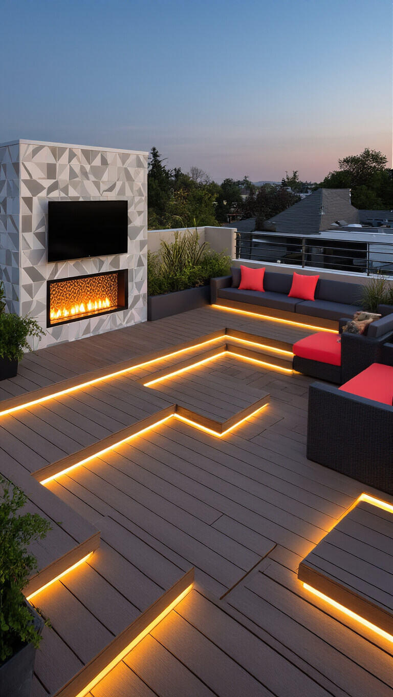 Modern urban rooftop oasis with multi-level decking, outdoor fireplace beneath wall-mounted TV, LED-lit floating steps, and charcoal sectional with coral accents at twilight.