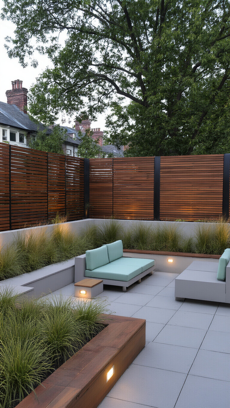 Urban garden at dawn with steel and ipe wood privacy screens, concrete planters of ornamental grasses, modular gray lounge furniture with mint accents, and integrated LED lighting.