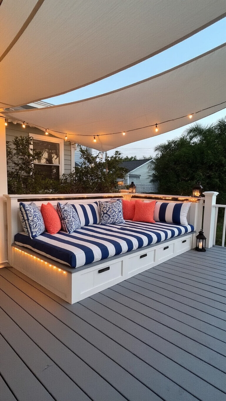 Coastal retreat with gray deck, built-in daybed, white shade sails, and nautical-themed decor in warm afternoon light.