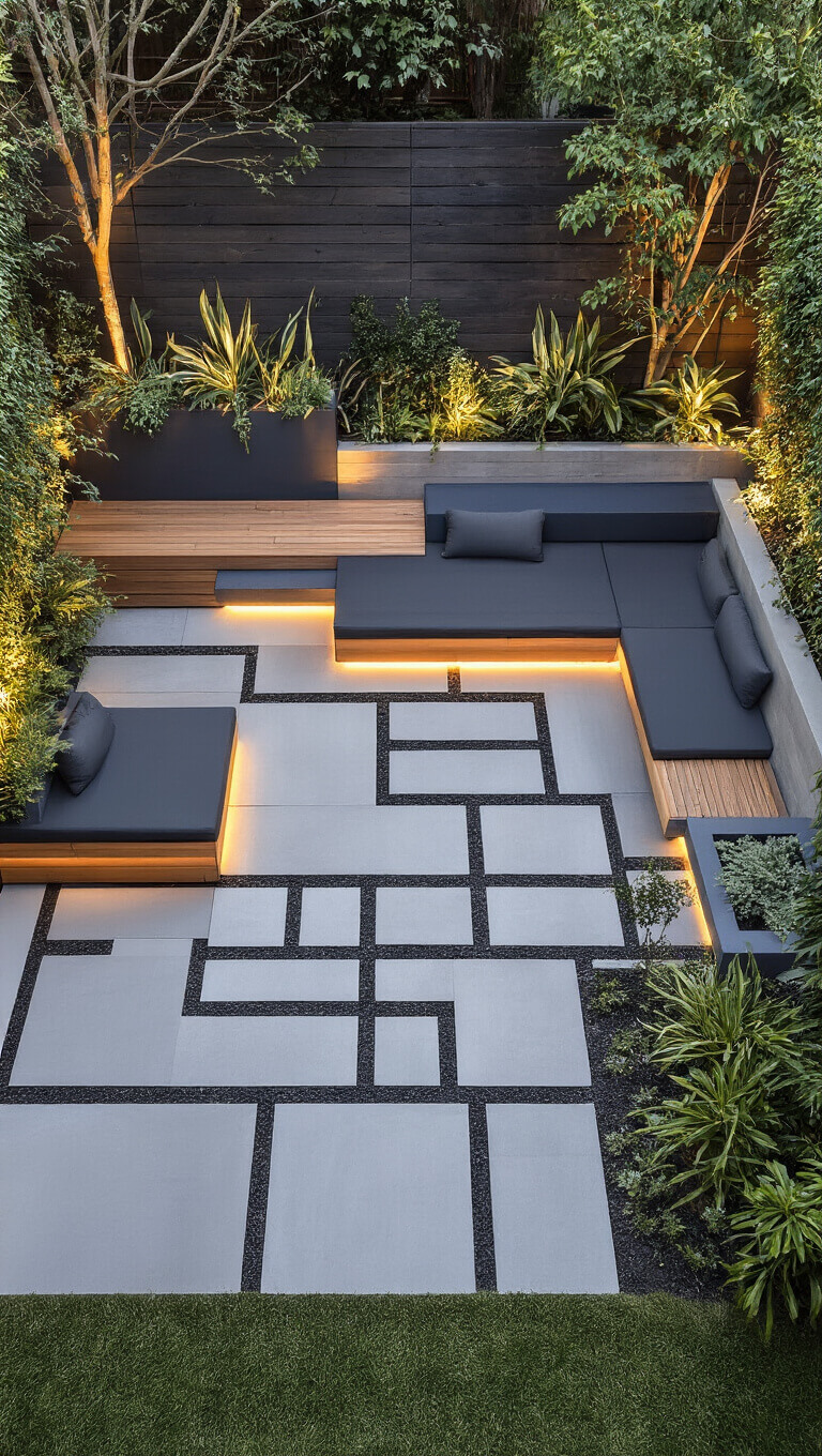 Aerial view of 10x15ft modern minimal yard with geometric concrete pavers, built-in teak benches with charcoal cushions, sculptural plants in large planters, and hidden LED lighting.
