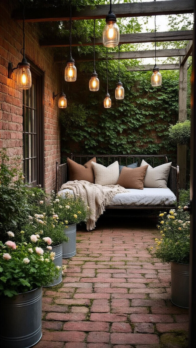 Rustic 8x12ft garden hideaway at magic hour with vintage daybed, mossy brick patio, mason jar lights, and flower-filled metal planters.