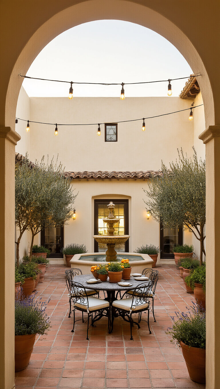 Mediterranean courtyard at golden hour with central stone fountain, citrus trees, and wrought iron dining set on terracotta tiles.