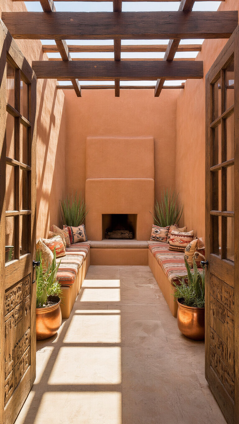 Southwestern courtyard with adobe walls, central kiva fireplace, tribal cushioned banco seating, desert plants in copper pots, and geometric shadows cast by pergola in midday sun.