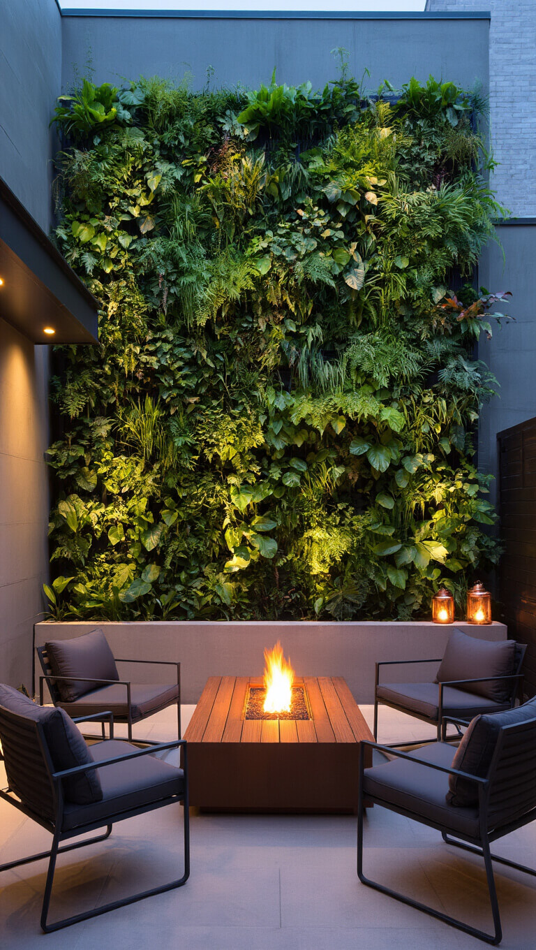 Urban courtyard at dusk with vertical garden wall, concrete fire pit, metal chairs, and ambient lantern lighting.