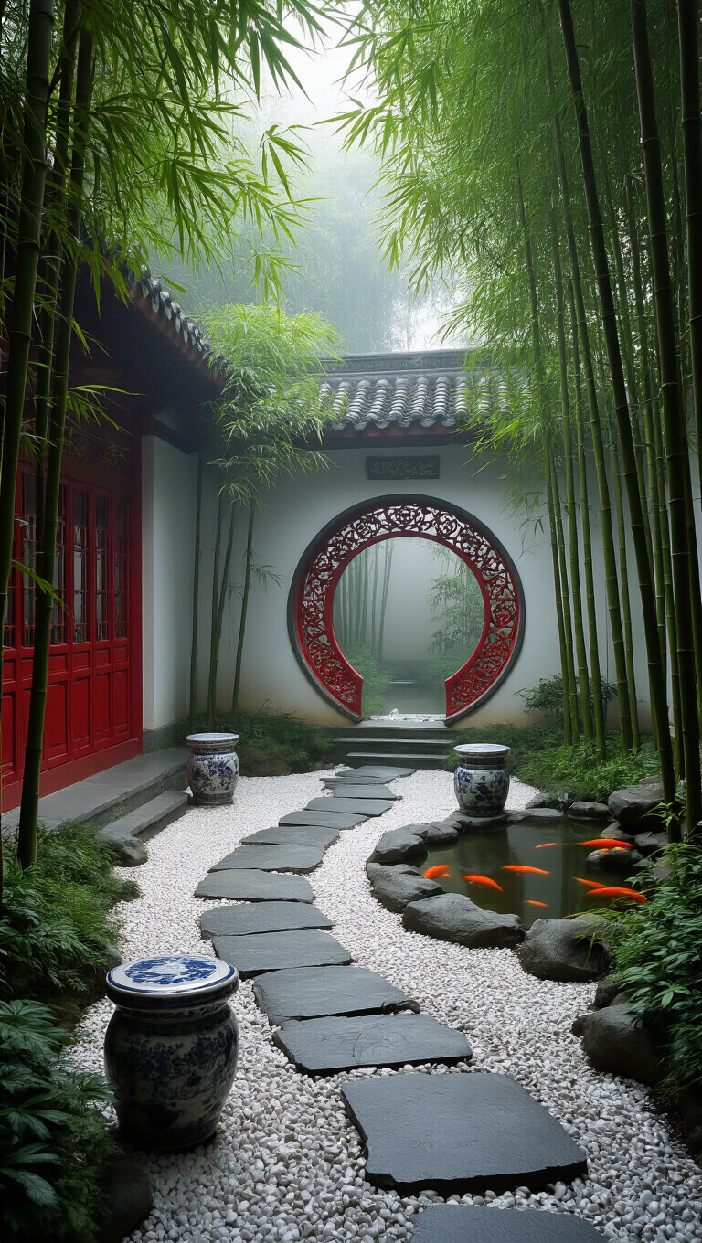 Traditional Chinese courtyard with stone paths, red moon gate, bamboo groves, koi pond, and ceramic stools in early morning mist.