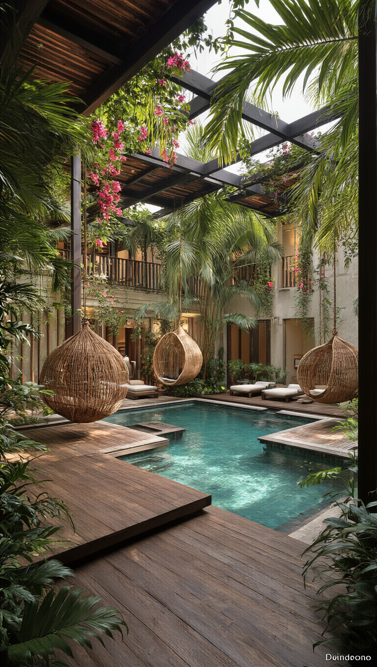 Elevated view of tropical courtyard with multi-level wooden decks around stone-lined pool, rattan hanging chairs under vine-covered pergola, and palm fronds overhead in late afternoon light.