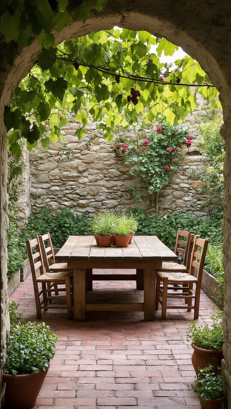 Rustic Tuscan courtyard with stone walls, climbing roses, grape vines, antique farm table, and herb garden in terra cotta pots, viewed through stone archway in soft diffused light.