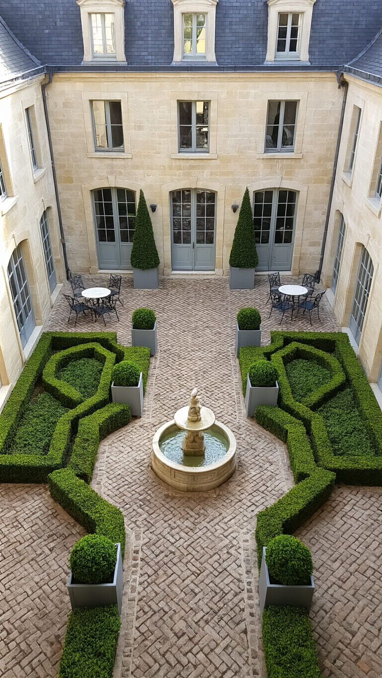 Aerial view of modern French courtyard with limestone walls, herringbone brick flooring, central fountain, ghost chairs, bistro tables, and geometric topiaries in morning light.