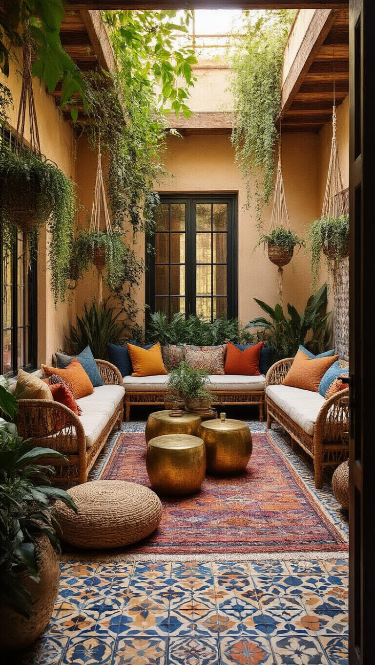 Bohemian courtyard with Moroccan tile floor, vintage rugs, rattan seating, jewel-toned cushions, brass tables, and hanging succulents at sunset.