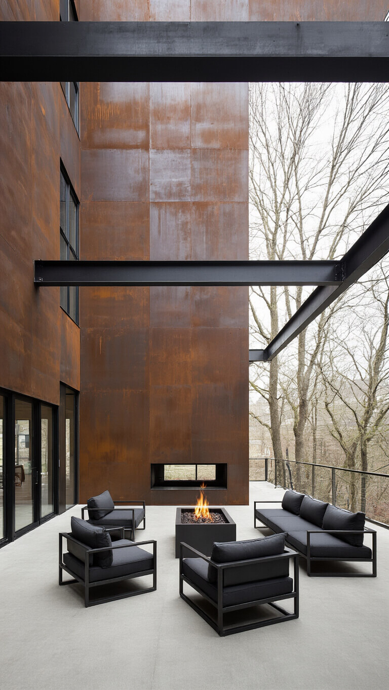Industrial loft courtyard with Cor-ten steel walls, polished concrete floor, minimalist steel furniture, and central fire bowl under overcast sky.