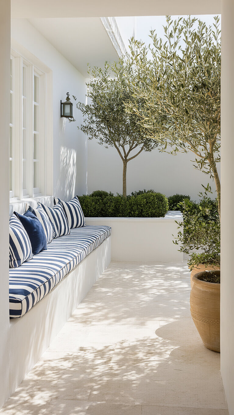Sunny coastal courtyard with whitewashed walls, pale limestone pavers, teak banquette seating with navy striped cushions, and potted olive trees.