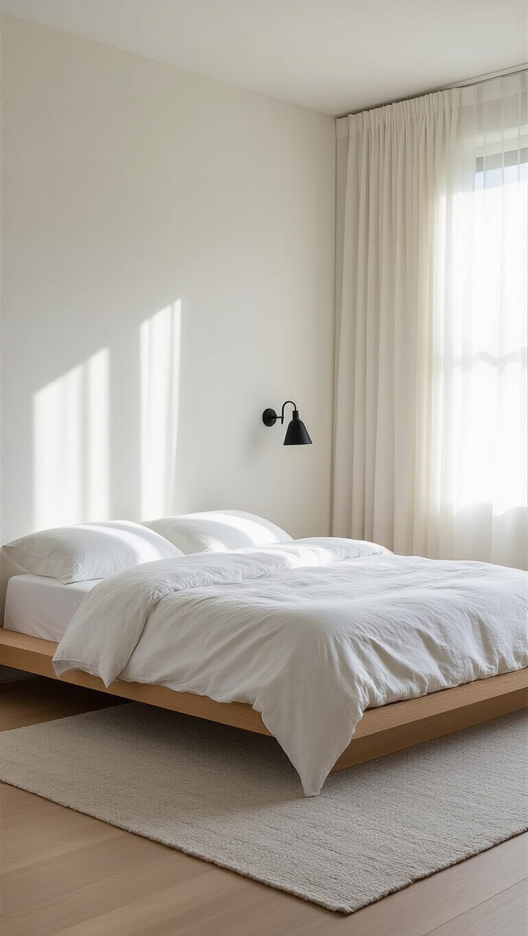Minimalist 14x16ft bedroom with oak platform bed, white linens, soft morning light through sheer curtains, matte black sconce, and pale grey rug.