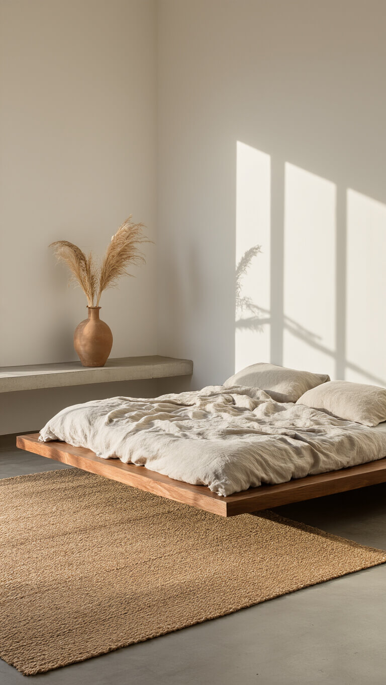 Minimalist 10x12ft bedroom with floating walnut bed, oatmeal Belgian linen, jute rug, and pampas grass in ceramic vase on concrete shelf, bathed in golden hour light.
