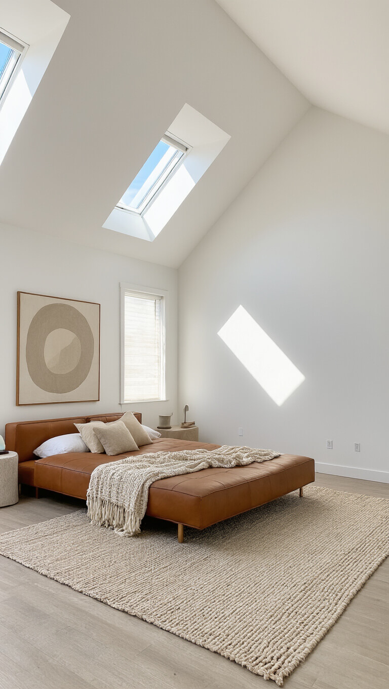 Minimalist primary bedroom with vaulted ceiling, cognac leather platform bed, abstract neutral artwork, and geometric shadows in mid-morning light.