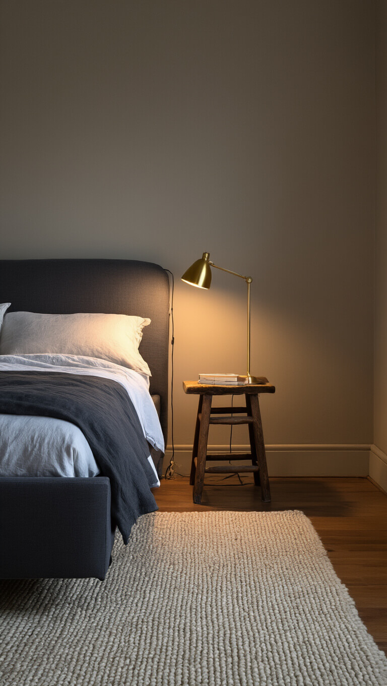 Cozy minimalist 11x13ft bedroom at twilight with charcoal upholstered bed, brass reading light, vintage wooden stool nightstand, and ivory wool rug in moody lighting.