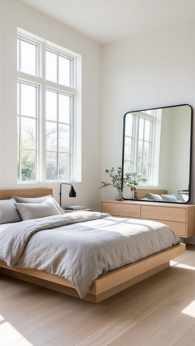 Minimalist 16x14ft bedroom with floor-to-ceiling windows, white oak bed and dove grey linens, oversized black-framed mirror reflecting natural light.