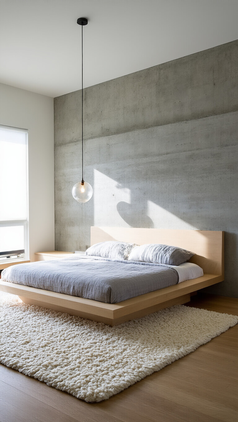 Modern 13x15ft bedroom with concrete accent wall, floating bleached maple platform bed, pendant glass light, and bone white wool rug, shot with tilt-shift lens in late afternoon light.