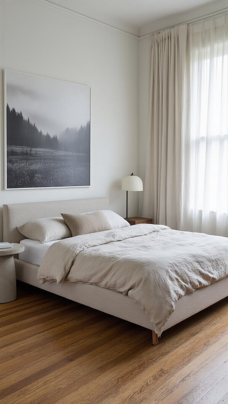 Minimalist 12x14ft bedroom with linen upholstered bed, ceramic lamp on concrete side table, black and white photo above bed, hardwood floors, and soft morning light through sheer curtains.