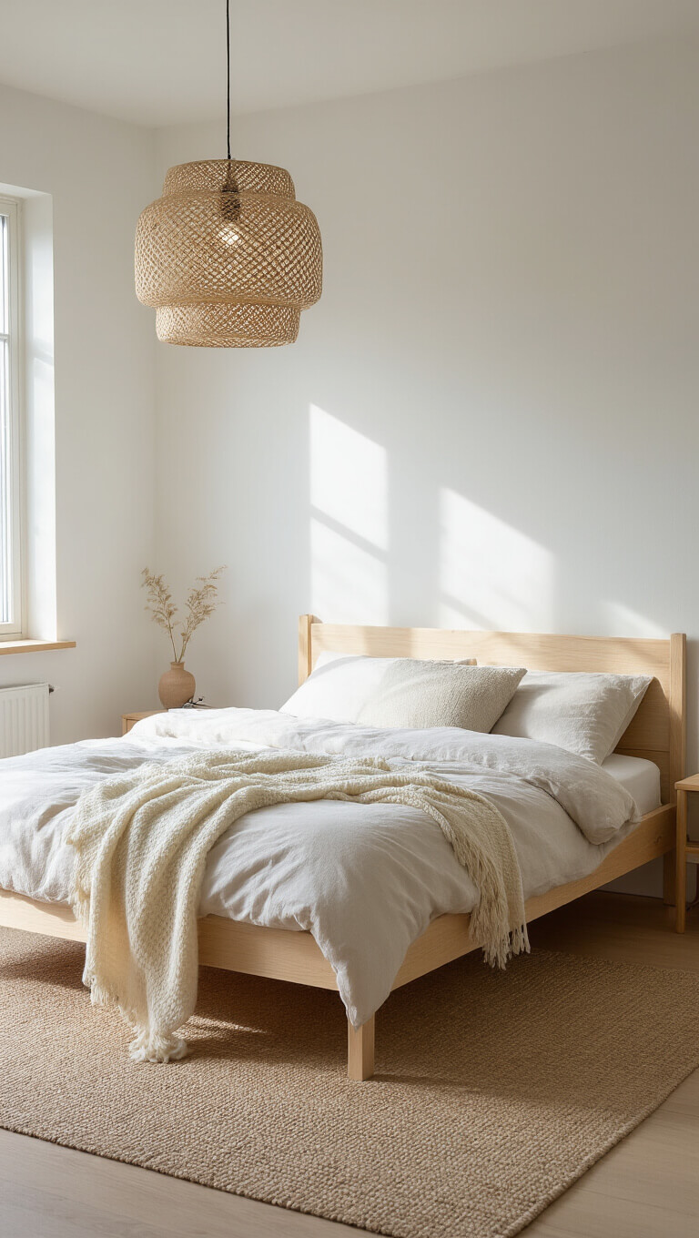 Scandinavian-style minimal bedroom with pale ash wood bed, cream mohair throw, woven pendant light casting shadows, and morning light enhancing natural textures.