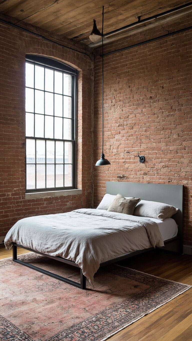 Urban minimalist 11x12ft bedroom with exposed brick wall, steel platform bed, vintage muted rug, and warm late-day sunlight.