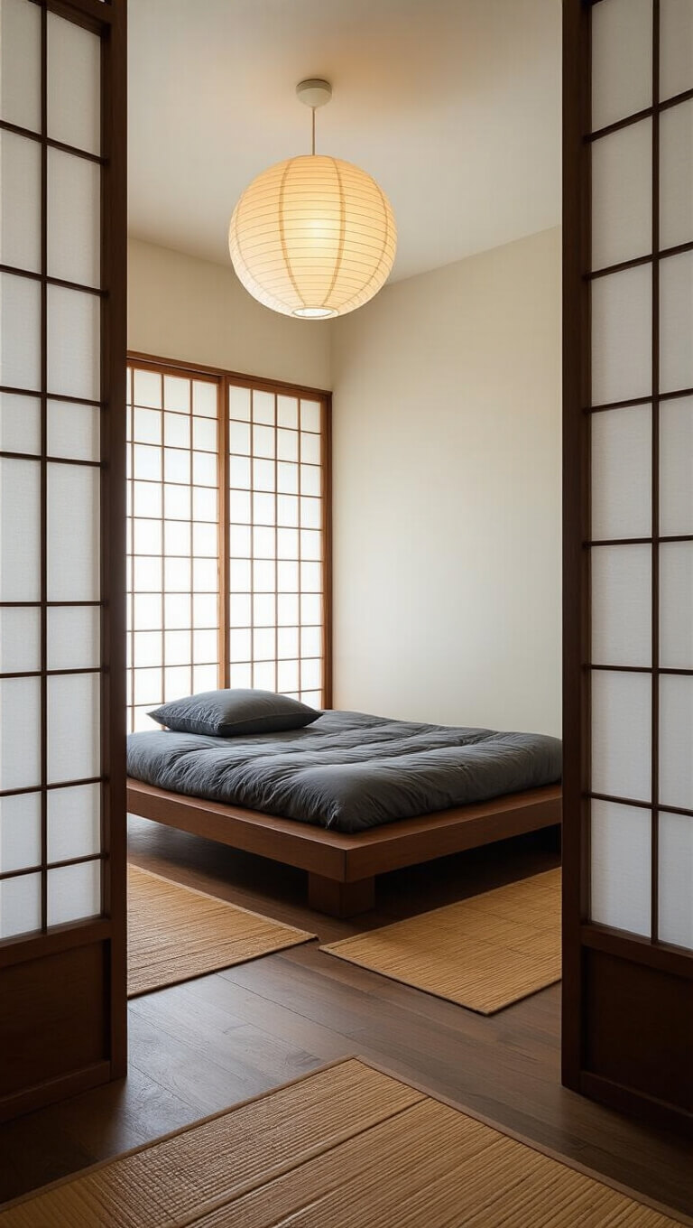Minimalist 14x16ft bedroom with shoji screens, low dark walnut futon bed, paper lantern, bamboo mat, and soft morning light.