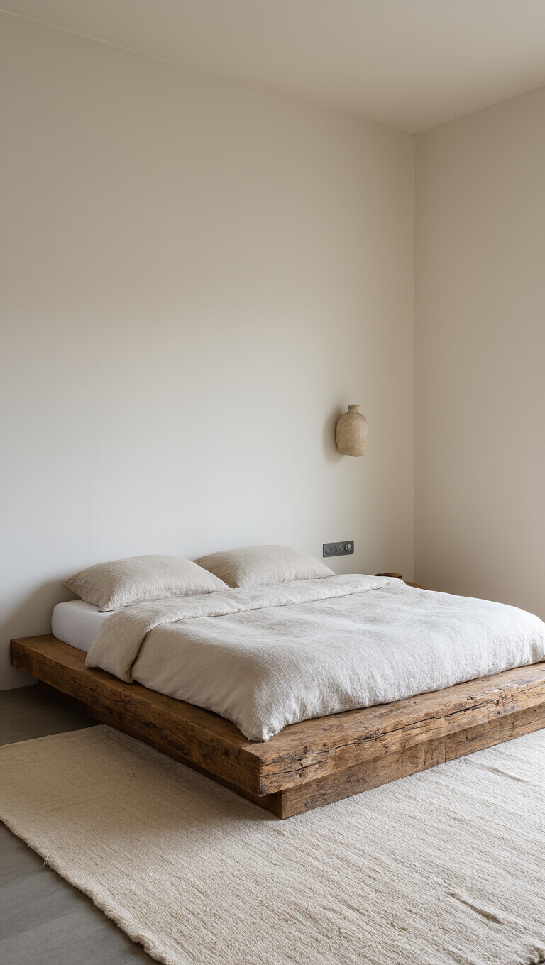 Modern 13x15ft minimalist bedroom with reclaimed wood platform bed, built-in storage, ceramic wall sconce, ivory raw silk rug, and soft afternoon light highlighting natural textures.
